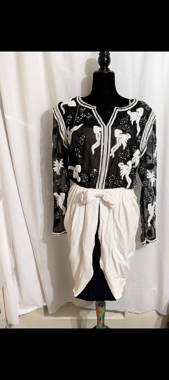 VTG 80s Victor Costa Black & White Beaded Ribbon Long Sleeve Sheer Mini Dress 12